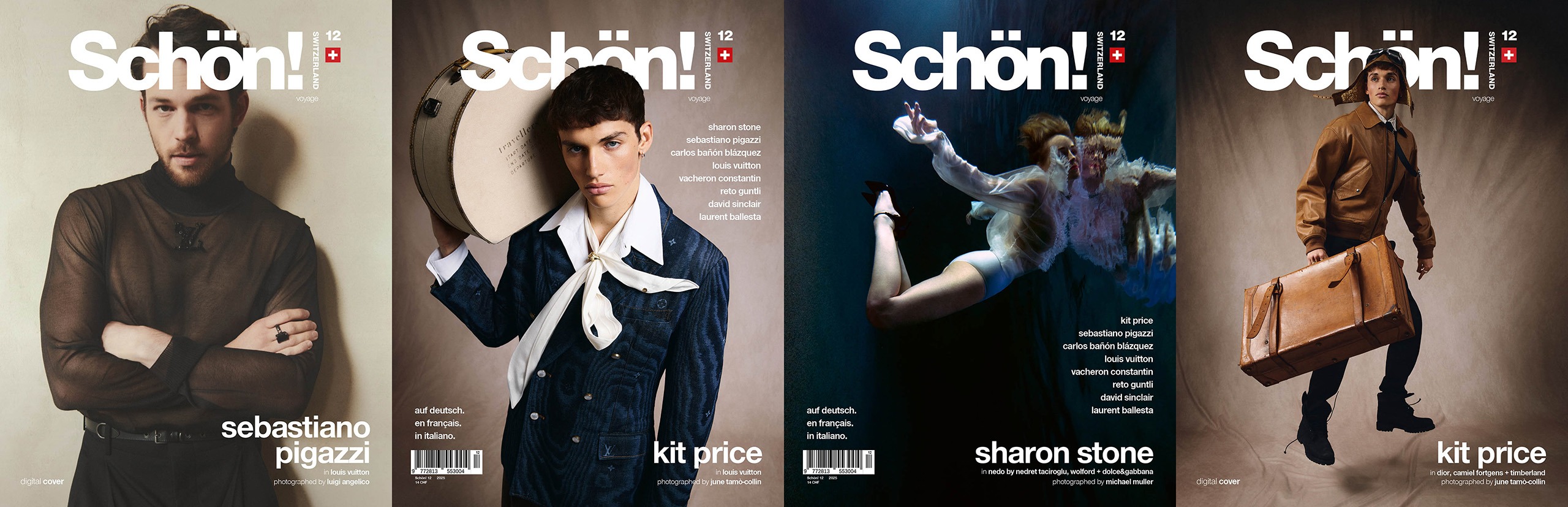 4 covers for the issue 12 of schön magazine showing 2 times Kit Price, Sharon Stone and Sebastiano Pigazzi