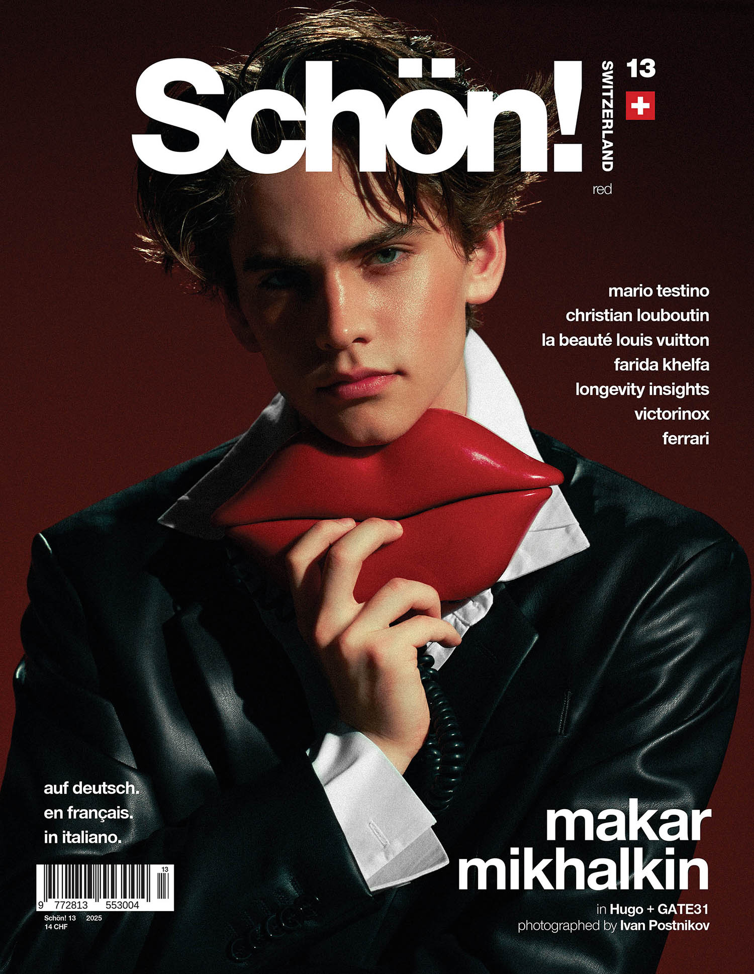 Cover for Schön Switzerland Issue 13 - red - young man in black leather jacket holding a huge pair of plastic Lips