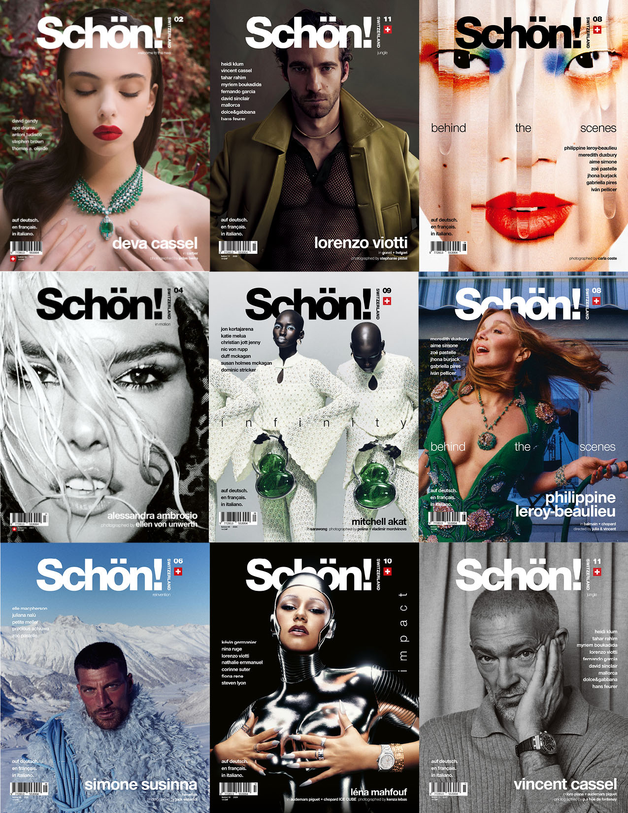 collage of 9 covers of Schön switzerland magazin