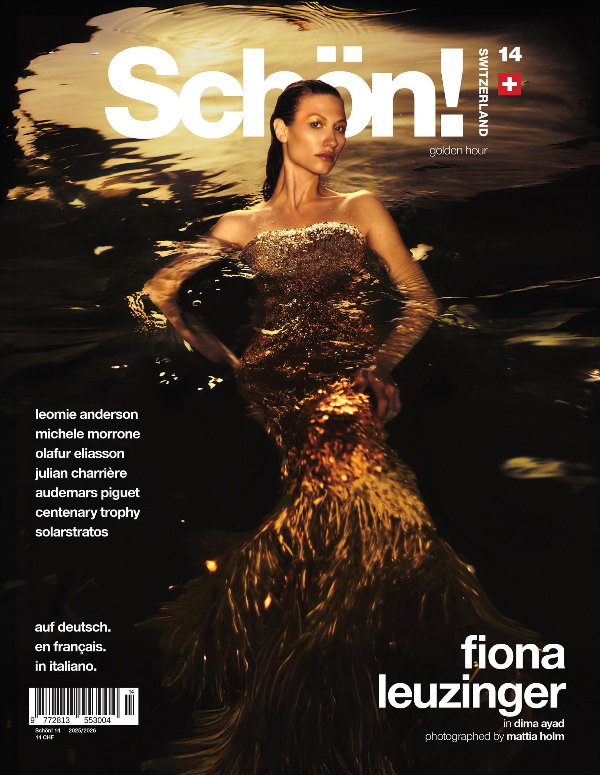 Cover for Schön Switzerland Issue 14 - golden hour, young woman in a golden dress floating in water with golden lightreflexes