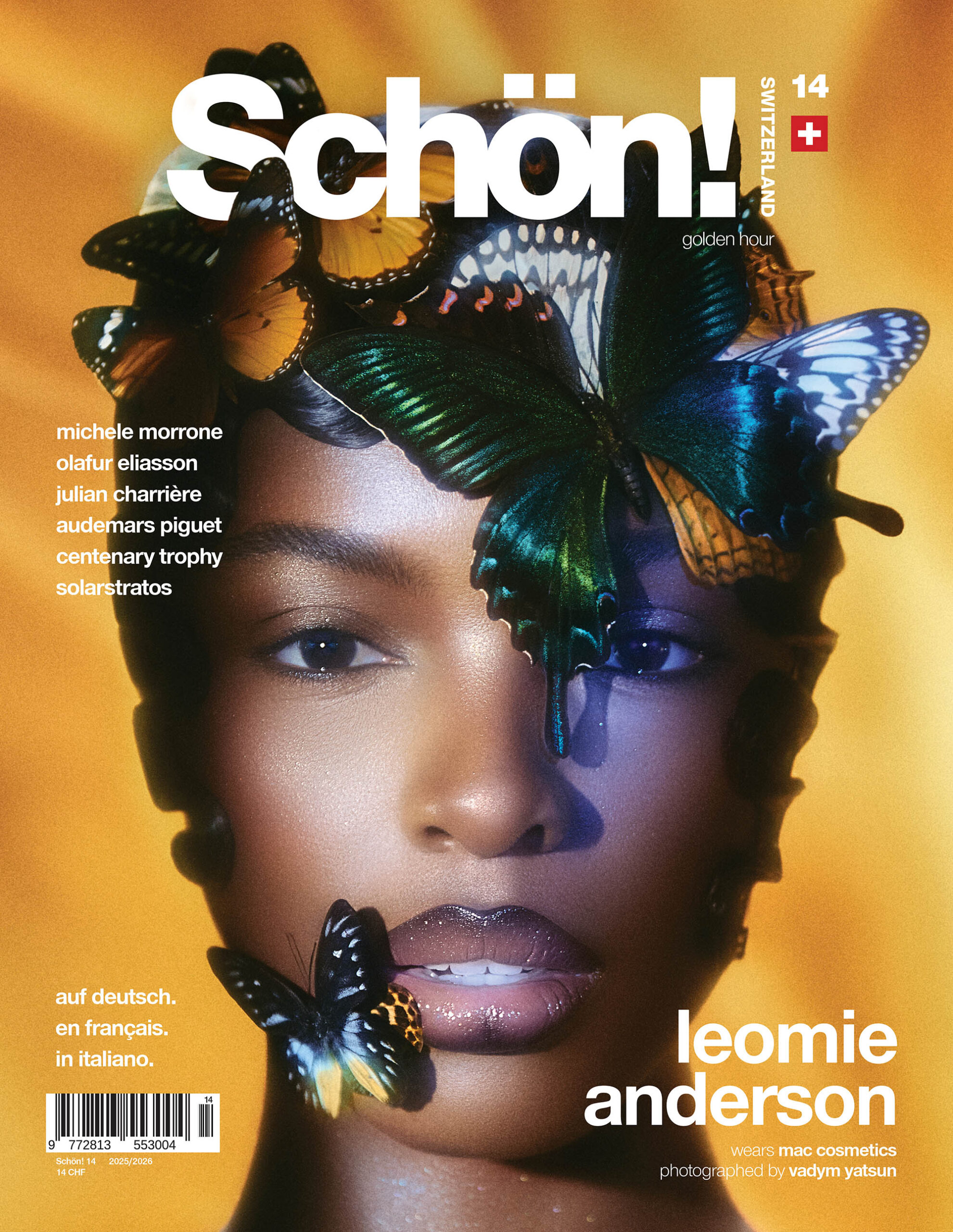 Cover for Schön Switzerland Issue 14 - golden hour, young black woman with a head full of butterflies on a golden background