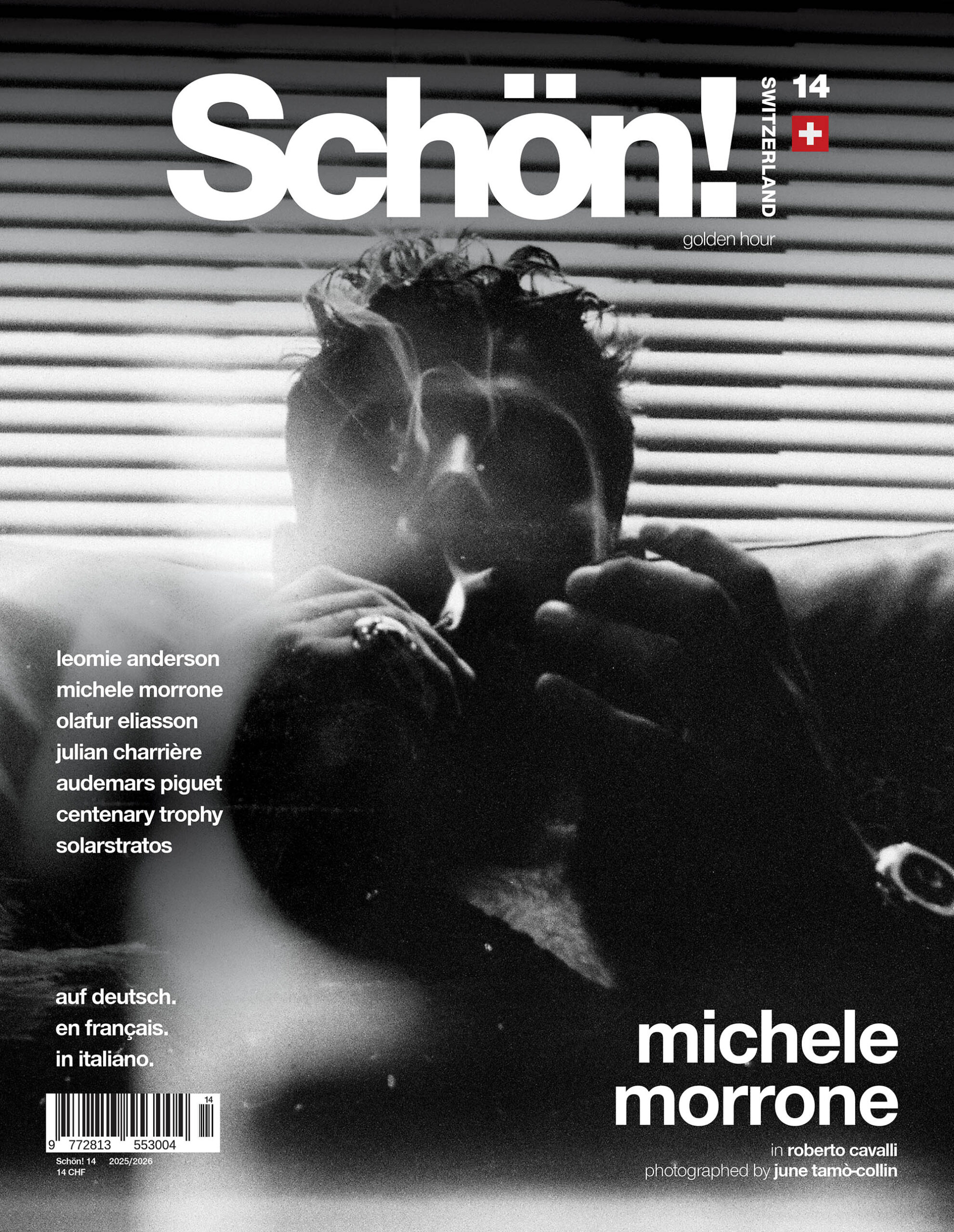 Cover for Schön Switzerland Issue 14 - golden hour, young mann lounging on a couch in black and white