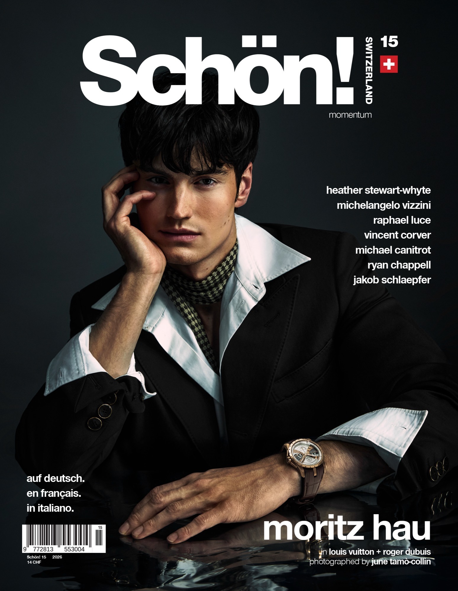Cover for Schön! Switzerland magazin issue 15 shows a young man wearing black suit jacket over a white dress shirt