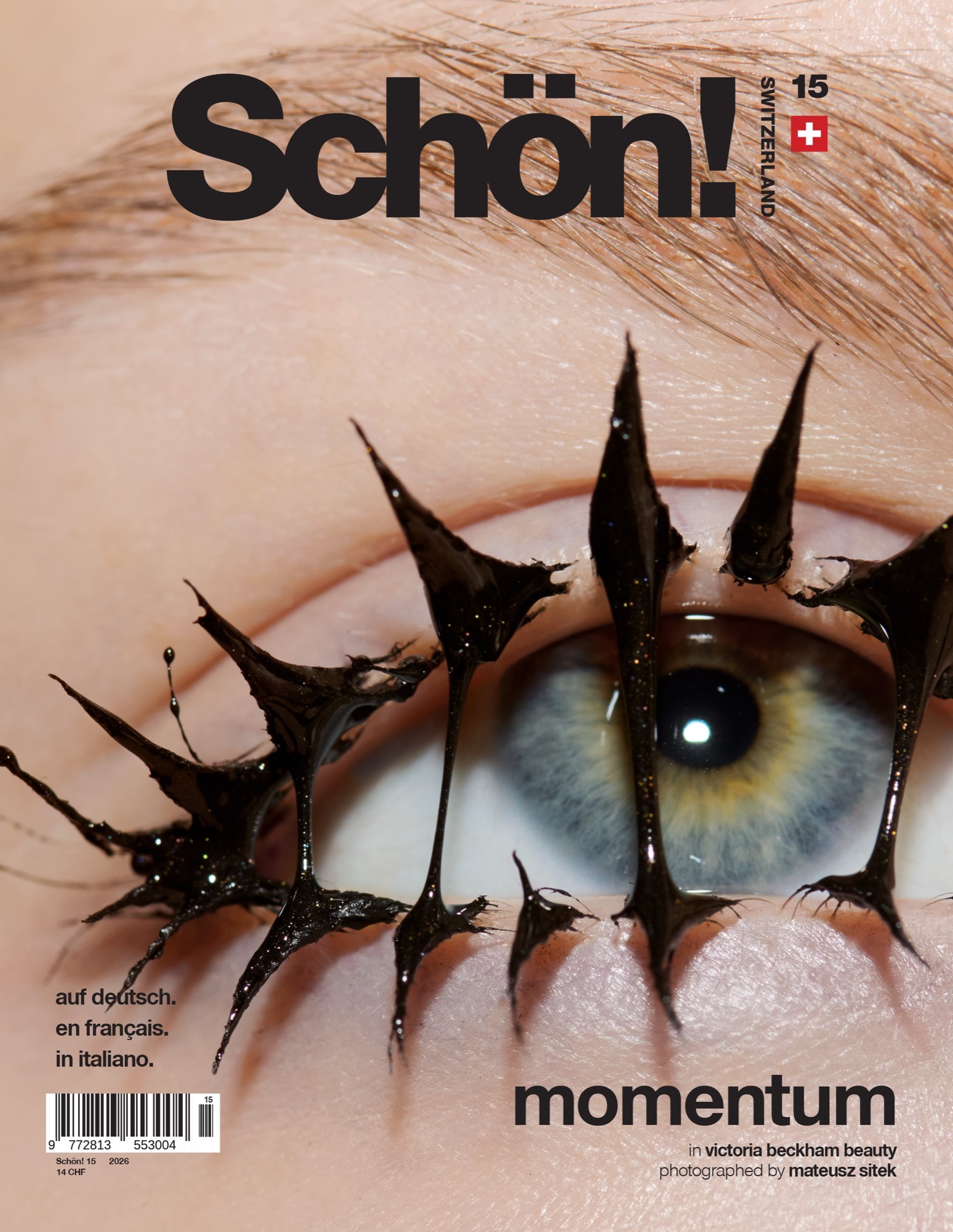 The Schön! Switzerland cover shows part of a womans face with heavy black eye make up