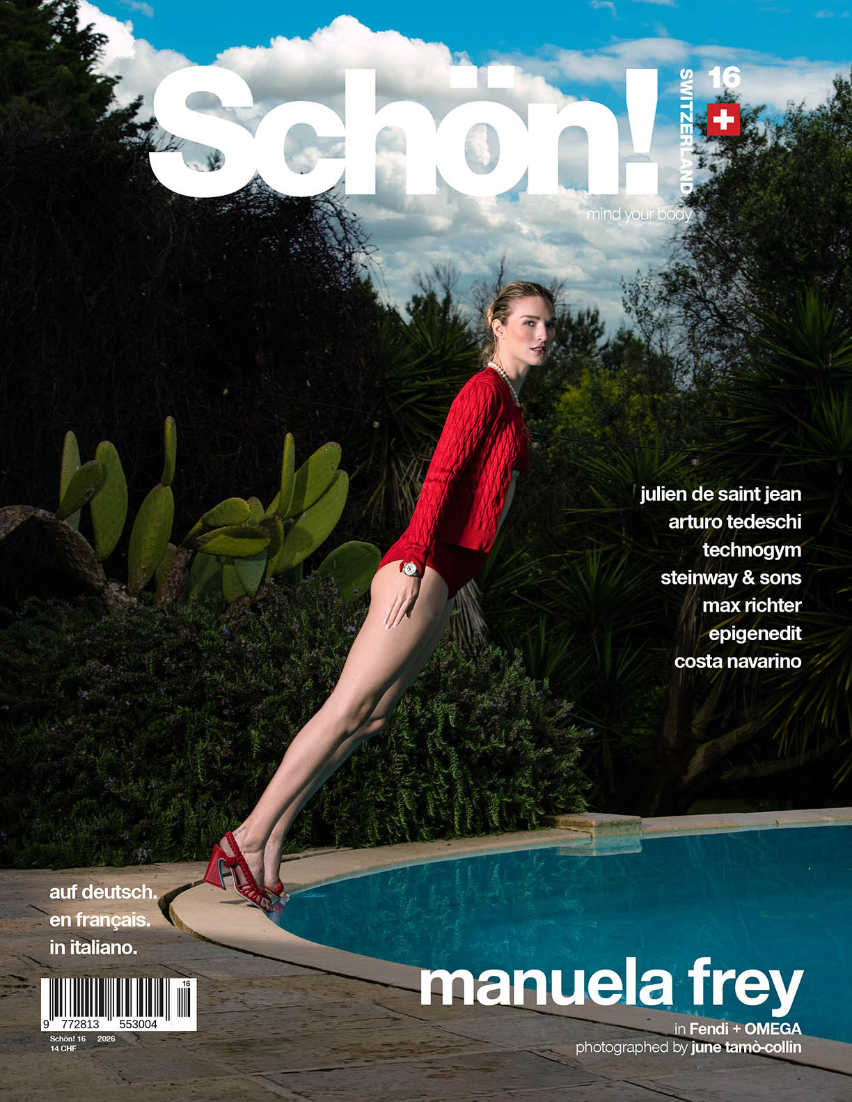 Cover of Schön! magazine, Switzerland issue 16, featuring full body shot of a young woman wearing red shoes, a red swimsuit, a red cardigan and a watch with a red wristband at the edge on a pool in green garden surroundings