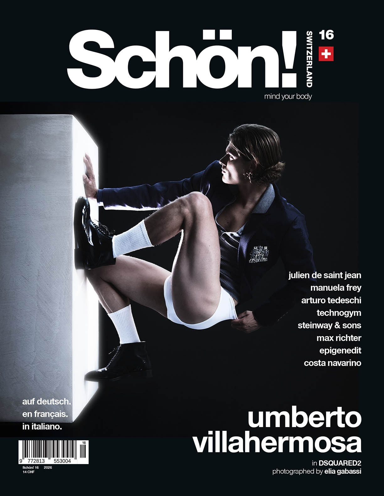 Cover of Schön! magazine, Switzerland issue 16, featuring a model in athletic-inspired fashion posed between a glowing white block and dark background